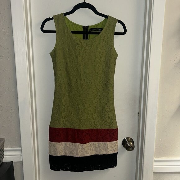 Zara Basic Green Color Block Floral Lace Retro Boho Mini Dress Jr Medium - Picture 2 of 7